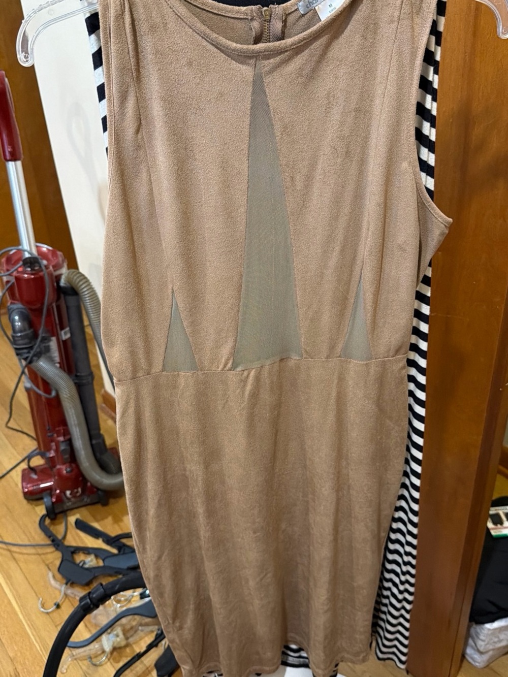 Windsor Tan Faux-Suede Sleeveless Midi Dress with Mesh Insets